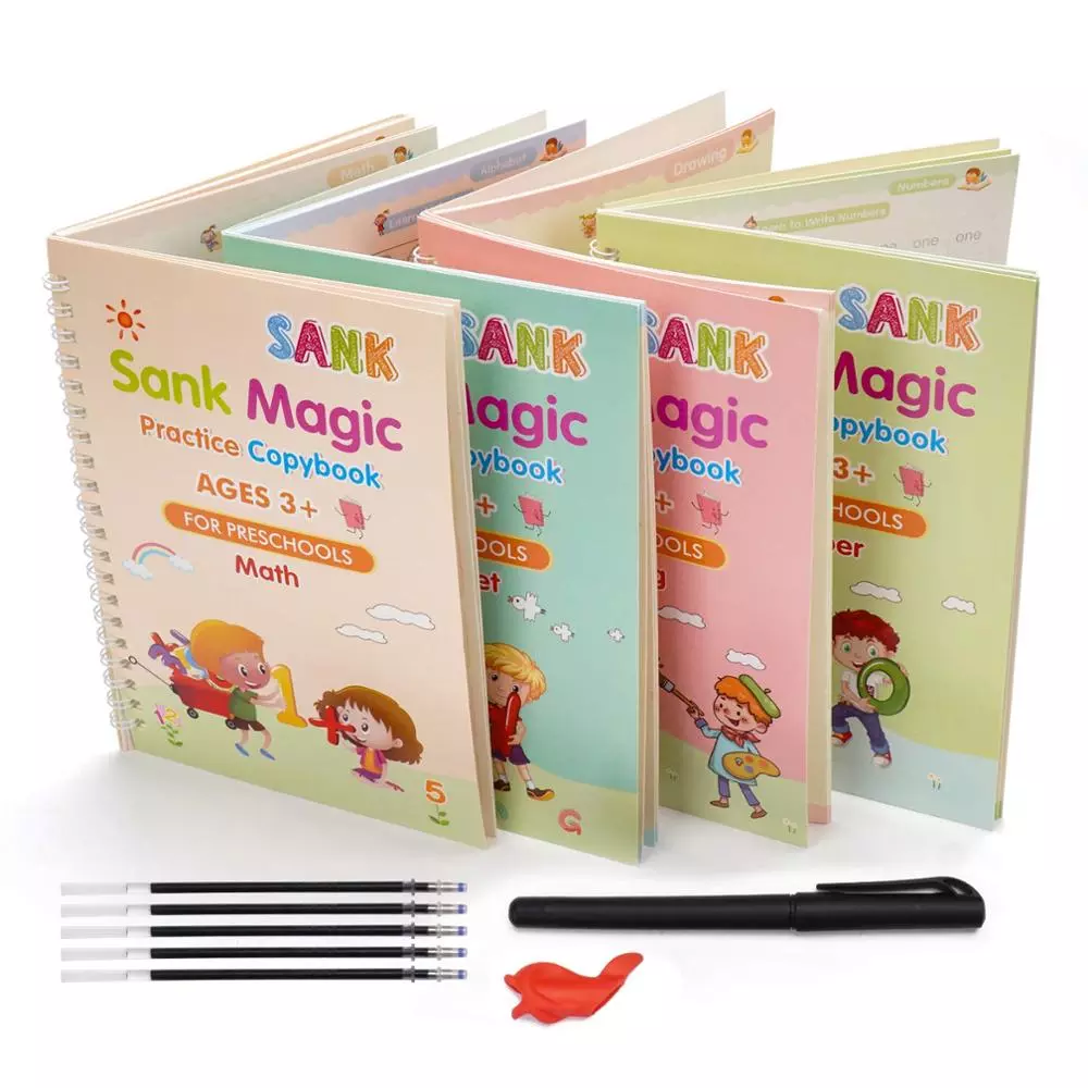 Set of Four Learning Magic Practice Copybooks  with Calligraphy Hand Writing Art Book+pen + Pen